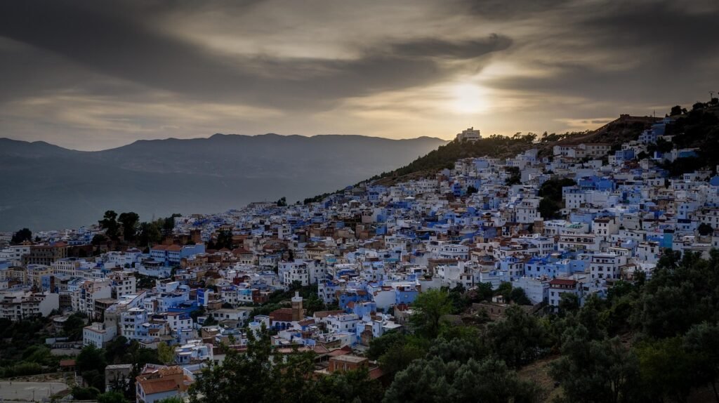 sunset, city, buildings, mountains, houses, residential area, distant view, nature, dusk, twilight, sky, chefchaouen, morocco