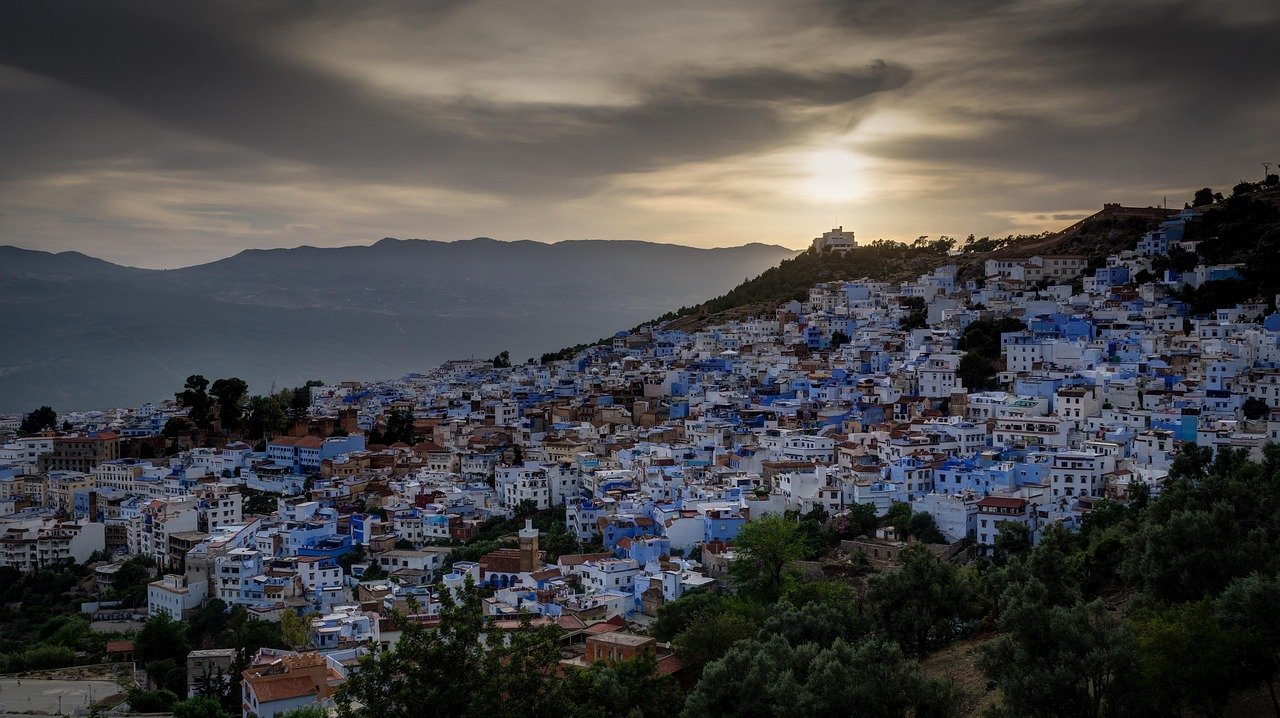 sunset, city, buildings, mountains, houses, residential area, distant view, nature, dusk, twilight, sky, chefchaouen, morocco
