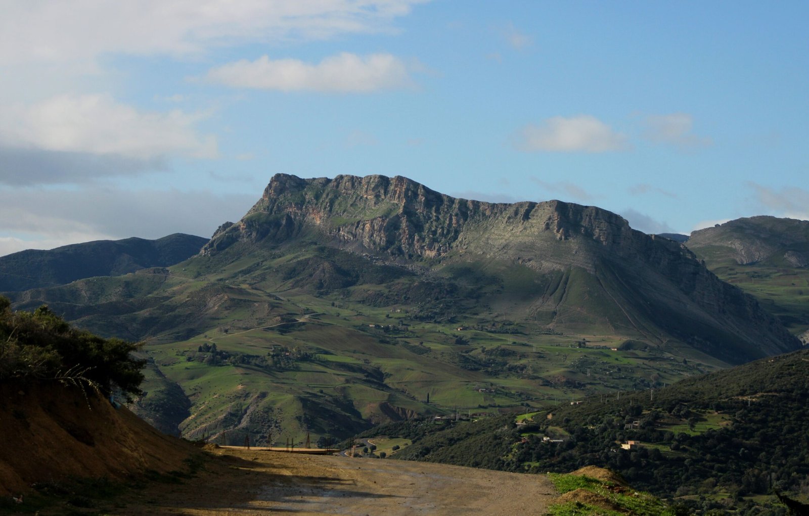 Breathtaking view of lush green mountains in Algeria under a clear blue sky.