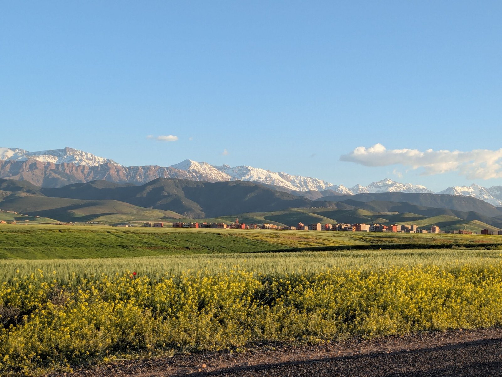 Beautiful view of the Atlas Mountains and fields in Marrakesh, Morocco during the day.